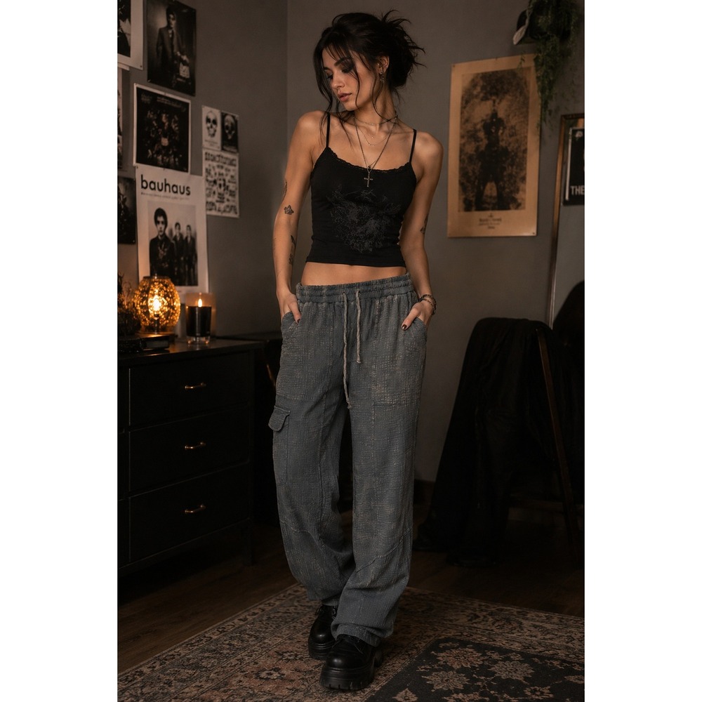 New In Women Boho Hippie Utility Cotton Gauze Cargo Joggers Large‎ Grunge
